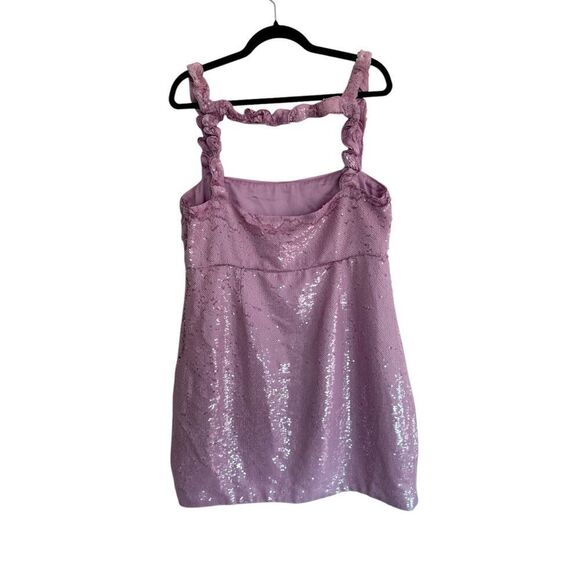 Ganni Satin Sequin Ruffled Trimmed Square Neck Mini Dress Women's Pink Size 42 - Picture 4 of 6